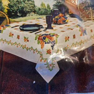Vintage Tastemaker by Stevens "Needlepoint Basket"  Tablecloth 52"x52" Fruit NOS